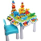 burgkidz 5-in-1-Kinder-Aktivitäts-Tischset - 128 Teile Kompatibel mit Bausteinen Spielzeug, Spieltisch Enthält 1 Stuhl und Bausteintisch mit Aufbewahrung, grüne Grundplatte / Blaue Farbe