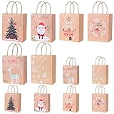YILEEY 12 STK Papiertüten Weihnachts Kraft Geschenktüten mit Henkel, Papiertüten Braun 6 Muster für Geschenke Mitgebsel Süßigkeiten Schal Apfel Party für Weihnachtsgeschenke Geschenktaschen