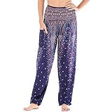 Nuofengkudu Damen Haremshosen High Waist Hippie Muster Baumwolle Pumphosen mit Taschen Leicht Weite Luftige Stoffhose Yogahose Sommerhose Strandhose(Einheitsgröße,Blau Violett Pfau)