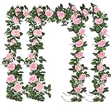 4 x 2,2m Künstliche Rosen Girlande Blumengirlande Rosen Rebe Seidenblumen Hängend Kunstblumen Deko Gefälschte Blumen mit grünen Blättern für Hochzeit, Party, Haus, Garten Dekoration (Rosa)