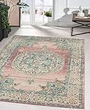the carpet Palma robuster Teppich, Flachgewebe, modernes Design, ideal für Küche und Esszimmer, Vintage-Optik, Used-Look, besonders flach, auch für den Außenbereich, Rosa, 120 x 170 cm