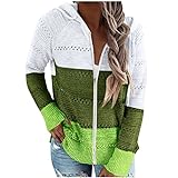 Yowablo Kapuzenpullover Frauen Lässige Mode Patchwork Lange Ärmel Strickjacke Bluse Tops Reißverschluss Mantel ( XL,grün )