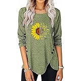 Damen Sunflower Print T-Shirt Lose Tops Langarm Tunika Tops Plus Size Casual Rundhals Bluse Tee Top Frühling Herbst T Shirts, grün, M