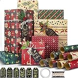 Larcenciel Weihnachten Geschenkpapier Set, 8 Blatt Kraft Geschenkpapier + Geschenkanhänger + Packseil, Kraftpapier mit Davidshirsch-Muster Weihnachtspapier Geschenkverpackung Papier (70 x 50 cm)