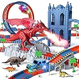 BIMONK Dinosaurier Autorennbahn Spielzeug, mit 2 Rennwagen, 230-teilige Flexible Tracks mit 9 Dinosauriern und 1 Burgen, Geburtstag Geschenk für 3 4 5 Jahre alte Kleinkinder Jungen und Mädchen