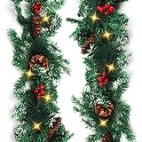 BELLE VOUS Weihnachtsgirlande - 270cm Girlande Tannengirlande Beleuchtet Grün mit Beeren Tannenzapfen 10 LED Lichter Warmweiß - Treppengirlande Weihnachtsdeko für Kamin, Treppengeländer, Weihnachten