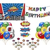 JOPARY Superhelden-Geburtstagsparty-Dekorationen für Kinder, Jungen, Mädchen, Superhelden-Avengers-Motto-Partyzubehör mit Banner, Fotohintergrund, Kuchendekoration und Latexballons