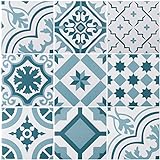 Mediterrane Dekorfliese „Lissabon“ mit 10 verschiedenen Mustern | Wand- und Bodenfliesen mit blauen Ornamenten für Bad und Küche | Pro Paket 22 Fliesen in Zementfliesen Optik = 0,5 m²