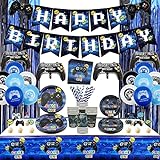 Hegbolke Videospiel-Party-Zubehör – Gamer-Geburtstags-Deko-Set für Jungen, einschließlich Happy Birthday-Banner, Teller, Tassen, Servietten, Geschirr, Tischdecken – für 20 Personen…