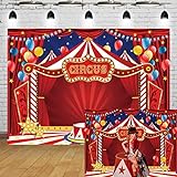 Maijoeyy 2,1 x 1,5 m roter Zirkus Karneval Hintergrund Zirkus Geburtstag Party Fotografie für Kinder Neugeborene Babyparty Supplies Kuchen Tischdekorationen