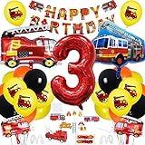 37 Stück Kindergeburtstag Feuerwehrauto Deko, Feuerwehr Deko 3. Geburtstag Junge, Feuerwehrauto Folienballon, Luftballon, Happy Birthday Banner für Feuerwehr Geburtstag Deko 3 Jahre