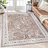 GAOMON Großer Teppich, Vintage-Teppich, waschbarer Teppich, niedriger Flor, dünner Teppich, rutschfest, weich, ultradünn, antiker Kollektion, moderner Akzent-Teppich für Esszimmer, Orange/Beig