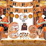 Basketball-Partyzubehör-Set – inklusive Happy Birthday Banner Kuchenaufsätze, Tischdecke, Teller, Becher, Servietten und Luftballons für Basketball-Sportthemen, Geburtstagsdekorationen – 20 Stück