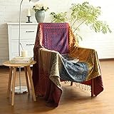 ele ELEOPTION Chenille Überwurf Decke, Jacquard Quasten Überwurf Decke Sofa Stuhl Bezug Dekorative für Bett Couch, Sessel, Folk Tribal Muster (Rot, 150 x 190 cm)