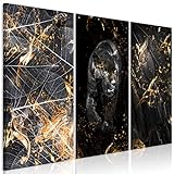 decomonkey Bilder Abstrakt schwarz gold 90x60 cm 3 Teilig Leinwandbilder Bild auf Leinwand Vlies Wandbild Kunstdruck Wanddeko Wand Wohnzimmer Wanddekoration Deko Tiere Jaguar Pflanzen