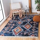 SAFAVIEH Boho Teppich für Wohnzimmer, Esszimmer, Schlafzimmer - Morocco Collection, Kurzer Flor, Marine und Multi, 122 X 183