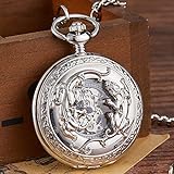 LEYUANA Retro Bronze mechanische Taschenuhr, Handaufzug geschnitzt Lucky Engraved Taschenuhren Fob Chain Flip Clock Silber