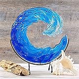 BE-STRONG 2 Stück Ocean Wave Fused Glass Skulptur, Acryl Dekoration Glaswelle Sun Catcher Ocean Waves Shape Kunsthandwerk, Creative Gradient Blue Wave Ornament mit Ständer,12in