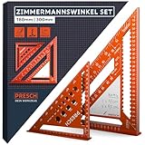Presch Zimmermannswinkel Set - 180mm & 300mm - Innovative, abwischbare Notizfläche - Intelligente Bohrlehre für exakte Durchmesser - Hochpräzise gefrästes Aluminium für exakte 90° Wink