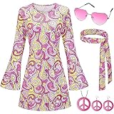 Ulikey Hippie Kostüm Damen Set, 60er 70er Kleid Hippie Kleidung Frauen Mädchen Disco Kleider mit Pailletten, Mode Abba Outfit mit 60er Jahre Kostüm Zubehör, Bekleidung Damen für Karneval Party (L)