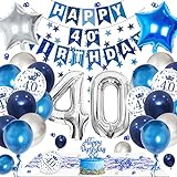40 Geburtstag Deko, 40 Geburtstag Männer mit Blau Silber Geburtstagsdeko, 40. Geburtstag Blau Retro Spitze Tischdecke, für Männer Frauen Party Deko 40 Geburtstag