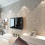 KeTian Moderne Luxus-3D-Tapete, abstrakte Kurven, Vlies-Beflockungsstreifen für Wohnzimmer/Schlafzimmer, Tapetenrolle, 0,7 m x 8,4 m (27,56 Zoll) = 5,88 m² (Creme, Silber, Grau)