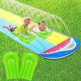 Cynamus Wasserrutsche, Wasserrutsche Rutschmatte, Wassermatte mit 2 Bodyboards & Sprinkler für Kinde, Outdoor Wasserspielzeug für Sommer Garten Rasen und Kinder 480 x 140cm