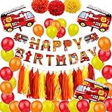41 Stück Auto Kindergeburtstag Feuerwehrauto Thema Deko, Luftballons mit Feuerwehr/Firetruck Car, Papierblumen Deko -Jungen Favors Dekor, für Babyparty, Geburtstag Deko