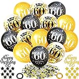 60 Geburtstag Deko Männer, 60 Geburtstagsdeko Schwarz Gold, Deko 60. Geburtstag Luftballon Schwarz , Gold Konfetti Ballons mit Happy Birthday Tortendeko, für 60. Party Deko Männer Frau (55 Stück)