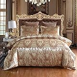 Romantisch Satin Bettwäsche 2 Teilig Barock Muster,Verdeckter Reißverschluss, Farbe: Golden, 155x220 cm Bettbezug mit 1 mal Kissenbezug 80x80 cm