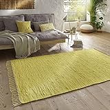 Taracarpet Handwebteppich Läufer Fleckerl Teppich Uni waschbar aus Baumwolle für Wohnzimmer und Küchenteppich 090x160 cm gelb