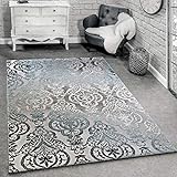 Paco Home Teppich Wohnzimmer Kurzflor Ornamente Muster Modern Grau Blau, Grösse:160x230 cm