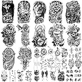 Yazhiji 36 Blatt Temporäre Tattoos Aufkleber, 12 Blatt Gefälschte Körper Arm Brust Schulter Tattoos für Männer oder Frauen mit 24 Blatt Winzige schwarze