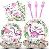96Pcs Watercolor Dinosaur Plates and Napkins Party Supplies Girls Dinosaur Birthday party Tableware Set Pink Dino Party Decorations Favors for Dinosaur Baby Shower Serves 24 Guests