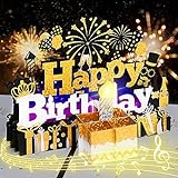 Geburtstagskarte, Musikalische Geburtstagskarten mit Licht und Musik, Blowable Kerze 3D Geburtstag Pop Up Karte, Blow Out LED Licht Kerze und spielen alles Gute zum Geburtstag-Schwarz Gold