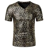 T-Shirt Herren Sommer V-Ausschnitt Regular Fit Herren Freizeitshirt Mode Persönlichkeit Druck Kurzarm Moderner Casual Fitness Herren Sportshirt B-Golden(A) XXL