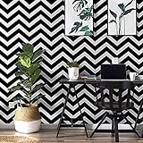 Yomshi 44 x 12 m schwarze und weiße Zickzack-Tapete, moderne selbstklebende Tapete, wasserdicht, geometrisch, abnehmbar, Vinylfolie, Rolle für Wohnzimmer, Schlafzimmer, Streifen-Look