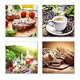 4 moderne kleine Küchen Leinwand-Bilder zur Dekoration - jedes Bild ist 30x30cm - ideale Wanddekoration auch für das Esszimmer, Restaurant - quadratische Wandilder von Kaffee, Brot, Steak, Wein, Set-B