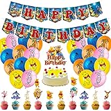 Hilloly Geburtstagsdeko, 38 Pcs Winnie Puuh Party Supplies Set,Happy Birthday Banner,Latex Ballon Geburtstags Deko,Kuchendeckel,Birthday Party Dekorations Supplies für Kinder