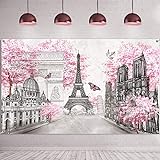 Paris Tapisserie Hintergrund Paris Wandkunst Eiffelturm Foto Banner Hintergrund Europäische Stadt Landschaft Rosa Wandbehang Dekor für Wohnzimmer Mädchen Schlafzimmer, 72,8 x 43,3 Zoll
