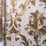 Kaluori Damast-Tapete, 10 m x 0,5 m, luxuriös, Metallic-Gold und Cremefarben, mit Textur, für Wohnzimmer, Schlafzimmer, Bars