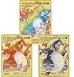 Seltene Pokemon-Karte, Sammlerstück, Metall, goldfarben, tolles Geburtstagsgeschenk für Mädchen und Jungen, 3 Charizard Vmax, 3 Stück