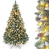 Yorbay künstlicher Weihnachtsbaum mit Beleuchtung und weißem Schnee, LED Tannenbaum für Weihnachten-Dekoration mit echten Tannenzapfen, Feuerbeständig (180CM)