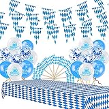 Oktoberfest Deko,Oktoberfest Party Dekoration Set Bayern Deko Bayrisch Deko,1 Stück Blau Weiß Tischdecken/10m Bayrisch Wimpelkette/18 Oktoberfest Ballon/12 Flaggenpicker Topper Tortendeko Zahnstocher