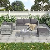 5-Sitzer Gartenmöbel Set, Polyrattan Lounge Sofagarnitur mit grauen UV-Schutzauflagen, Sitzgruppe mit Couchtisch und Fußstützen