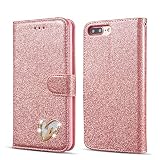 QLTYPRI iPhone SE 2022/iPhone SE 2020/iPhone 8/iPhone 7 Hülle, Glitzer Handyhülle PU Ledertasche TPU Etui Handschlaufe Kartenfach mit Eingelegten Liebe Herz Diamond Flip Schutzhülle 2020 - Roseg
