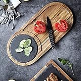 CHLDM Quadratischer Steakteller aus Holz mit Schieferplatte, Servierbrett aus Schiefer für Sushi, Pizzateller mit Rille, polierter exquisiter Speiseteller, oval