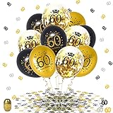 60 Geburtstag Deko Schwarz Gold, 60. Geburtstag Männer Frauen Luftballons 60. Geburtstag Schwarz Gold Konfetti Luftballons mit Nummer 60 Konfetti, 60 Deburtstag Party Dekoration Mann Frau