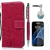 S7 Hülle Case KASOS Leder Handyhülle Brieftasche Tasche Magnetverschluss Ledertasche Cover,Blume-Schmetterling Rose rot + Stöpsel + Stylus + Schutzfolie für Samsung Galaxy S7