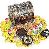 Pashali Piratenschatz Spielzeug Schatzkiste für Kinder, Piraten Schatztruhe Set mit Schloss enthält Kompass, Piraten Augenklappe,Goldmünzen,Schmucksteine,usw.
